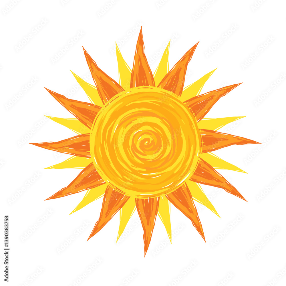 Fototapeta premium Radiant Sun: A vibrant, hand-drawn illustration of a radiant sun with orange and yellow hues. This artwork radiates warmth and positivity.