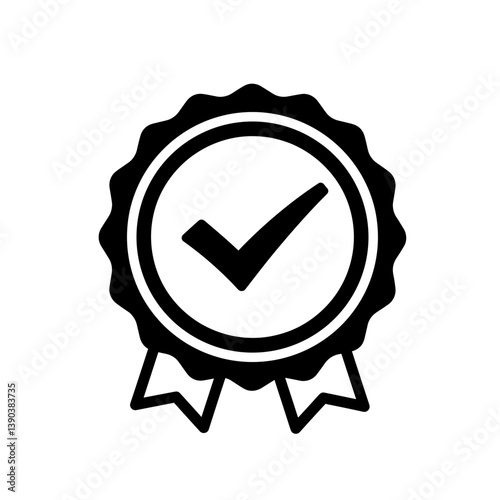 Checkmark Icon: A black and white graphic of a checkmark inside a circular badge with a ribbon, symbolizing quality assurance, approval, and completion.