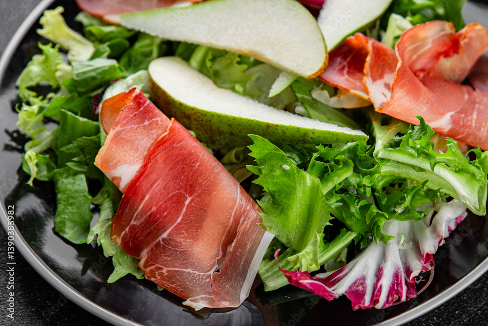 Salad pear ham vegetable dish fresh tasty gourmet food background on the table rustic food top view copy space Salad pear ham vegetable dish fresh tasty gourmet food background on the table rustic food top view copy space