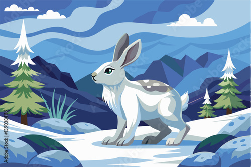A white arctic hare stands on a snowy mountain landscape with pine trees and blue sky in the background.