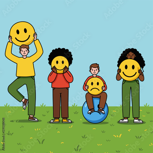 Emotions on Display: A symbolic representation of emotions, featuring diverse individuals each holding emoji, embodying the spectrum of feelings from joy to melancholy. 