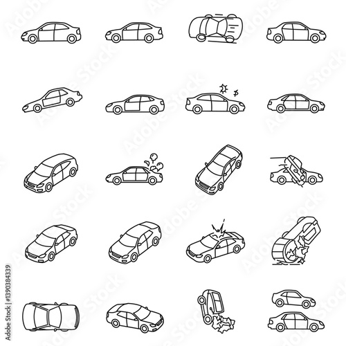 Car Icons: A set of hand-drawn car icons depicting a range of automobile styles and scenarios, from sleek sedans to accidents. These vector graphics offer versatility.