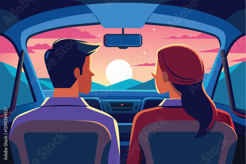 A cartoon illustration of a couple driving in a car. They are looking out the window at a beautiful sunset over the mountains.