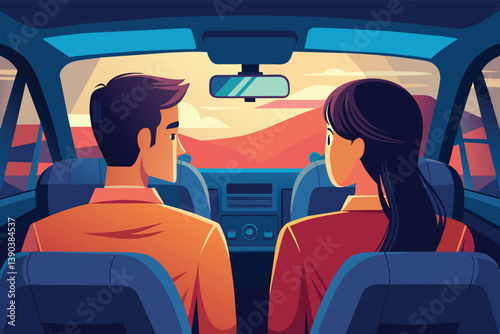An illustration of a man and woman driving in a car, seen from the backseat, as the sun sets over mountainous scenery.