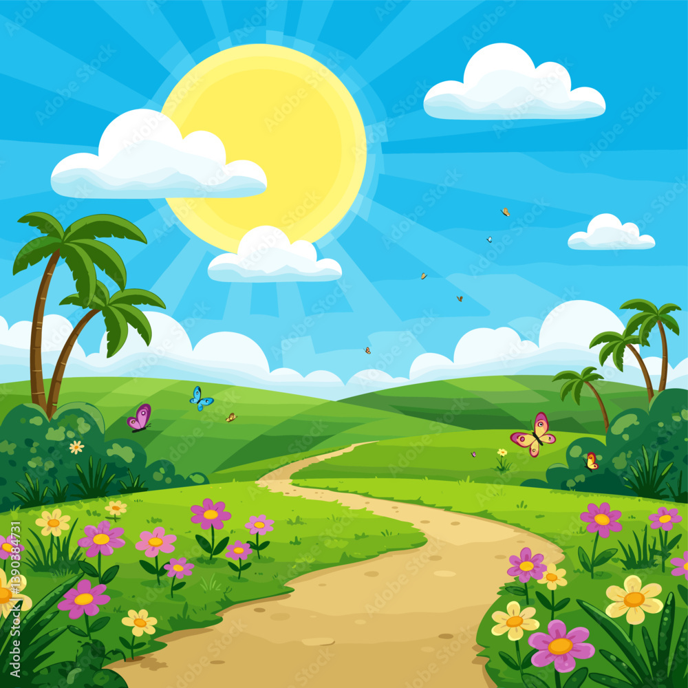 Obraz premium A Sunny Day Cartoon Landscape: A vibrant cartoon illustration depicts a bright sunny day in a beautiful, playful, outdoor environment. Featuring a sun, trees.