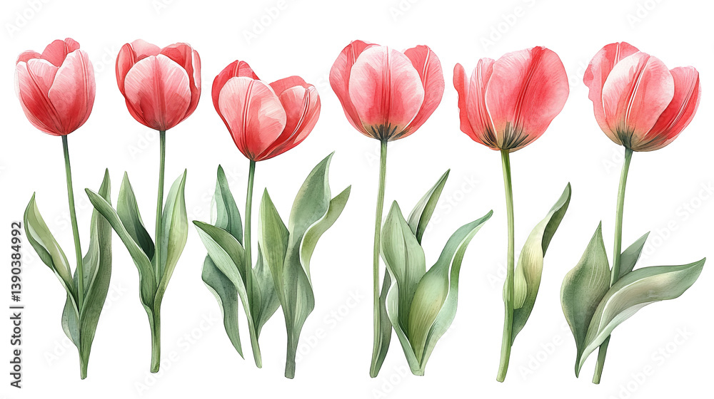Set Of Elegant Watercolor Pink Tulips. Spring Floral Botanical Illustration Design Art Print red bloom plant image fresh vivid nature flowers