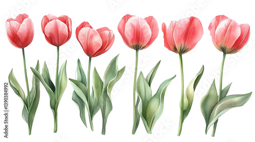 Set Of Elegant Watercolor Pink Tulips. Spring Floral Botanical Illustration Design Art Print red bloom plant image fresh vivid nature flowers       