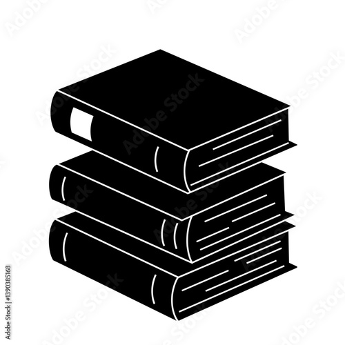 Stacked Books: A monochrome, minimalist illustration of three bound volumes, meticulously stacked atop one another. Each book, with its carefully rendered spine and pages.