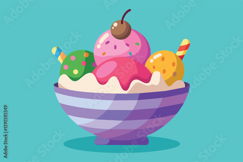 A cartoon illustration of a colorful ice cream sundae in a striped bowl with whipped cream and a cherry on top.