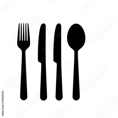 Minimalist Cutlery Silhouettes: A stark black and white composition showcases the clean lines of a fork, two knives, and a spoon, perfect for designs.