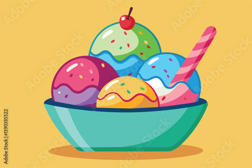 A cartoon illustration of a colorful ice cream sundae with sprinkles and a cherry on top, served in a blue bowl with a candy cane stick.
