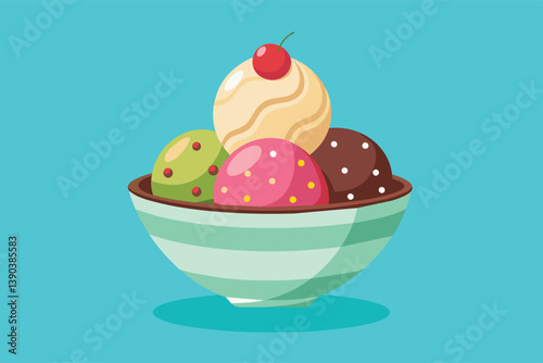 A cartoon illustration of a colorful ice cream sundae in a striped bowl on a blue background.