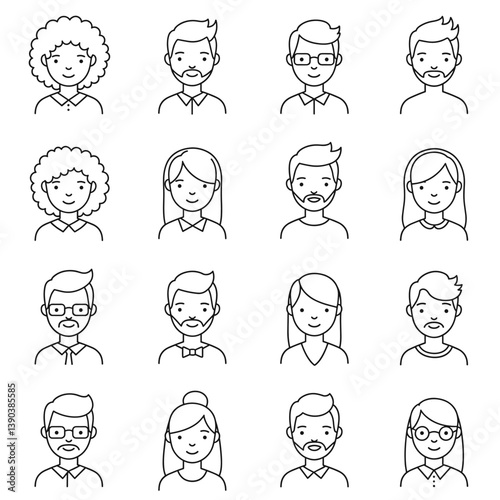 People Icons: A collection of illustrated face icons, each representing a unique individual with distinctive hairstyles and accessories, ideal for graphic resources.