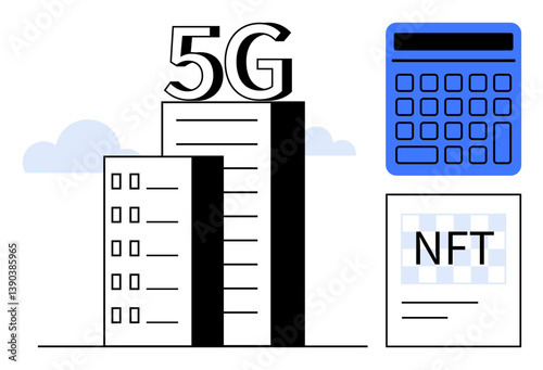 Urban tower with 5G symbol, digital calculator, and NFT file document. Ideal for technology, finance, blockchain, future networks, connectivity digital assets innovation. Flat simple metaphor