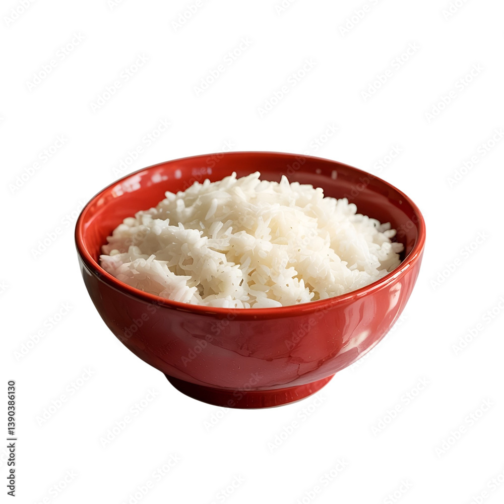 Light and fluffy white rice presented in a bright red bowl, set against a transparent background. Light and fluffy white rice presented in a bright red bowl, set against a transparent background.