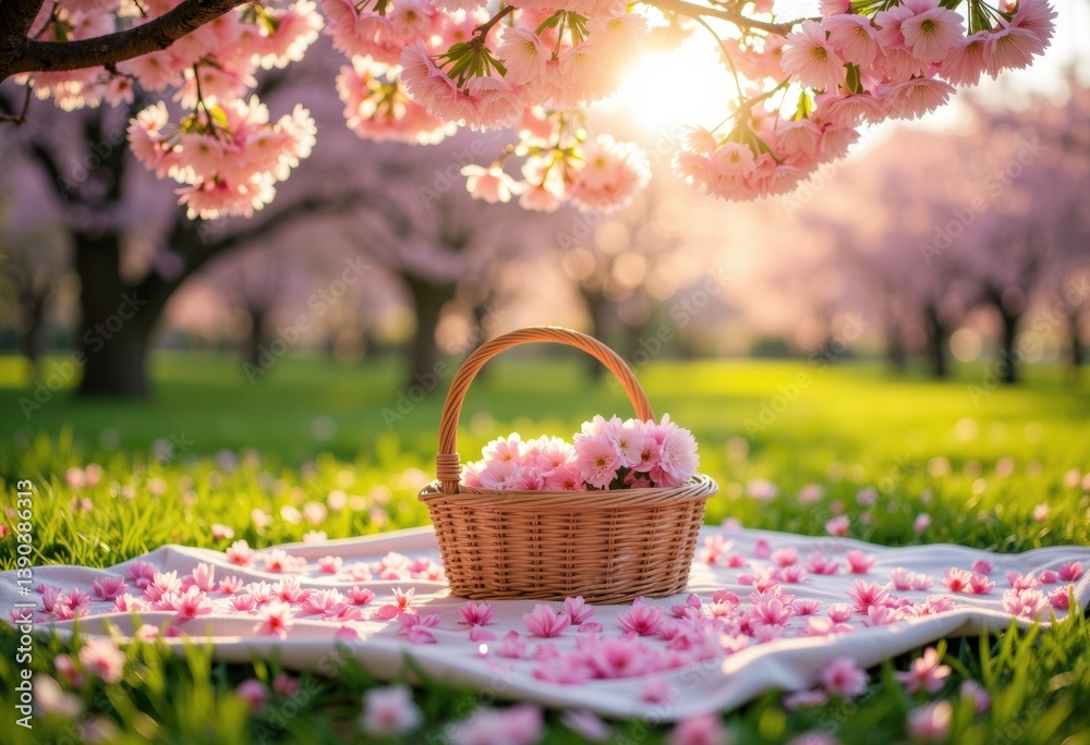 A beautiful picnic scene with a basket of flowers under cherry blossoms A beautiful picnic scene with a basket of flowers under cherry blossoms