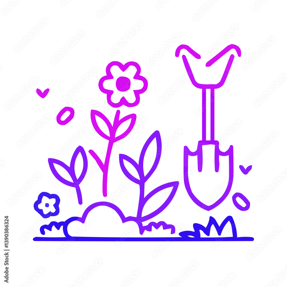 A whimsical illustration of a garden, featuring a shovel, flowers, and a touch of nature's elements. The scene is rendered in a charming, line-art style with a gradient color palette A whimsical illustration of a garden, featuring a shovel, flowers, and a touch of nature's elements. The scene is rendered in a charming, line-art style with a gradient color palette