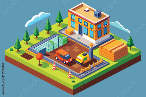 An illustration of a construction site featuring a large building, a yellow construction vehicle, a van, trees, and other construction materials.