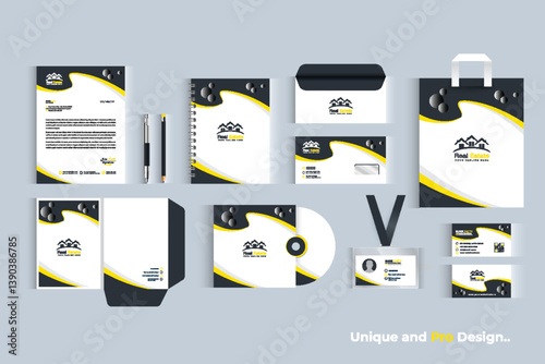 Business branding identity with office stationery items and objects Mockup set, Corporate company corporate Identity design on stationery items.	