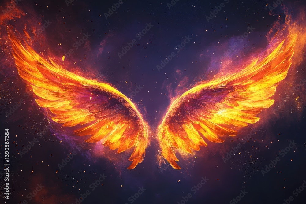 Fototapeta premium Fiery angel wings with a celestial aura, glowing edges