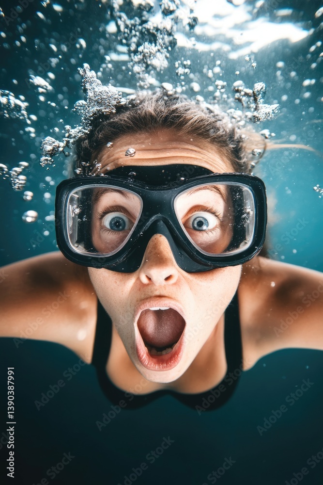 Fototapeta premium Surprised young caucasian female diver underwater with goggles and bubbles
