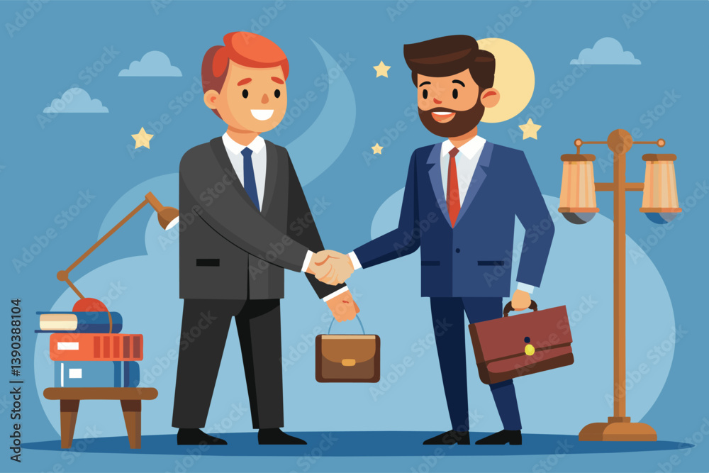 Obraz premium Two men in suits shake hands under a starry night sky, suggesting a successful business partnership.