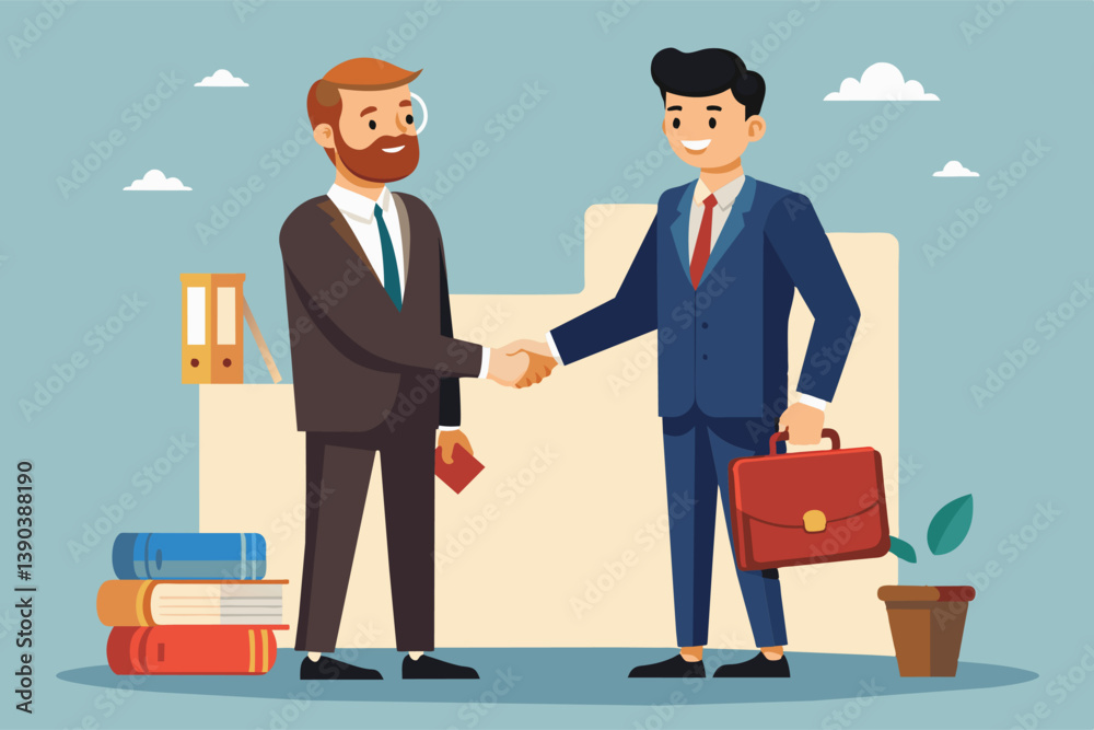 Two businessmen in suits shake hands in a professional office setting. One man carries a briefcase. Two businessmen in suits shake hands in a professional office setting. One man carries a briefcase.