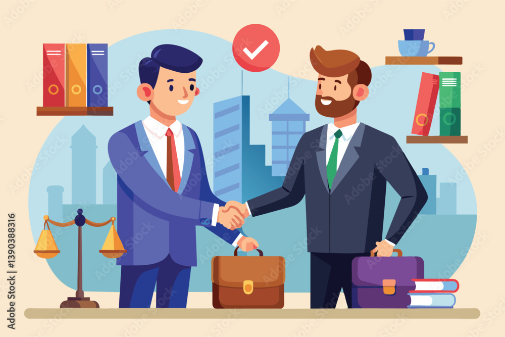 Two businessmen in suits shake hands in front of a city skyline, symbolizing a successful business agreement. Two businessmen in suits shake hands in front of a city skyline, symbolizing a successful business agreement.