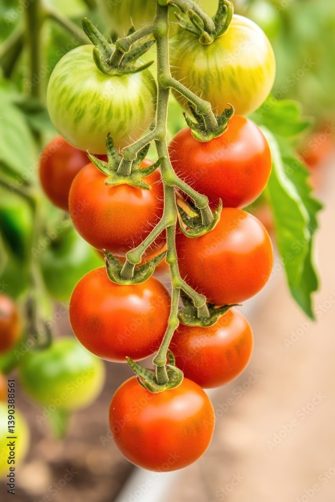 Vibrant red and green tomatoes on the vine in a lush garden setting Vibrant red and green tomatoes on the vine in a lush garden setting