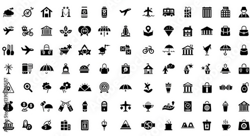 Complete collection of black travel icons representing various tourism and holiday activities  photo