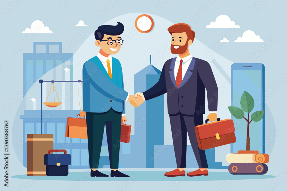 Two businessmen in suits shake hands in front of a city skyline. They are both smiling and seem to be in agreement.