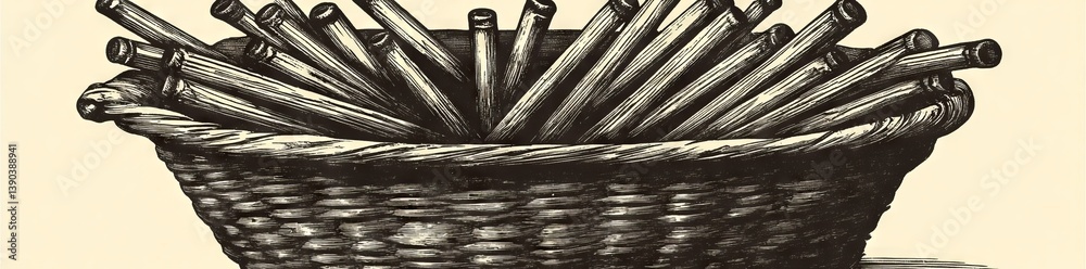 Obraz premium A hand-drawn modern artwork of different woven baskets and sticks in a rustic setting, capturing the essence of traditional craftsmanship