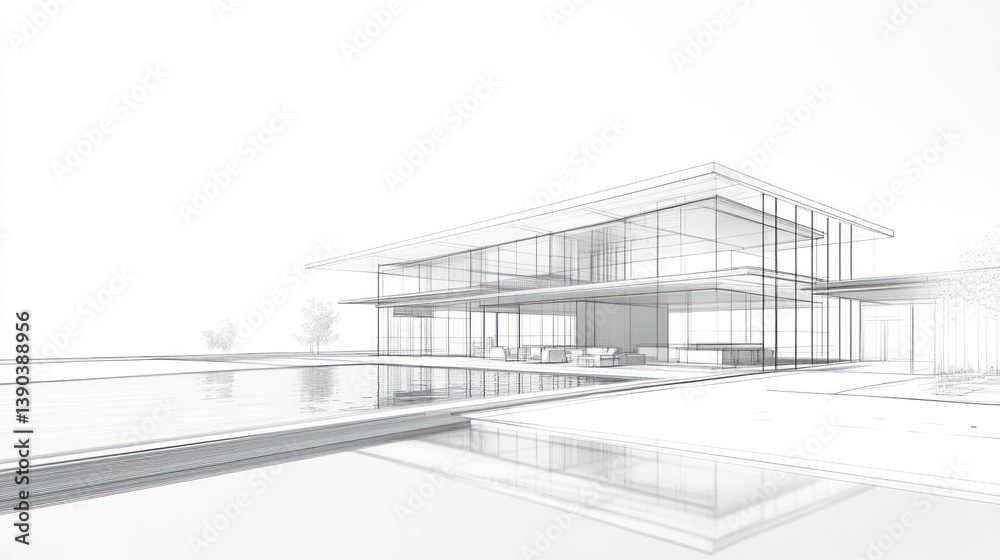Architectural drawing of modern house with pool Architectural drawing of modern house with pool