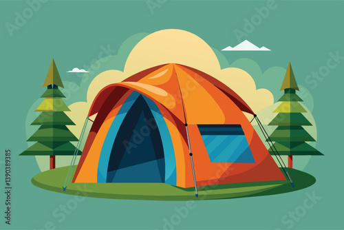 An illustration of a bright orange tent set up in a forest clearing on a sunny day. Two trees are on either side of the tent, with the sky showing a few fluffy clouds.
