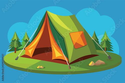 A green and orange tent is set up in a forest clearing under a blue sky. The tent is open and the interior is visible.
