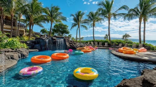Colorful Pool Floaties in Tropical Resort with Palm Trees and Ocean Views on a Sunny Day