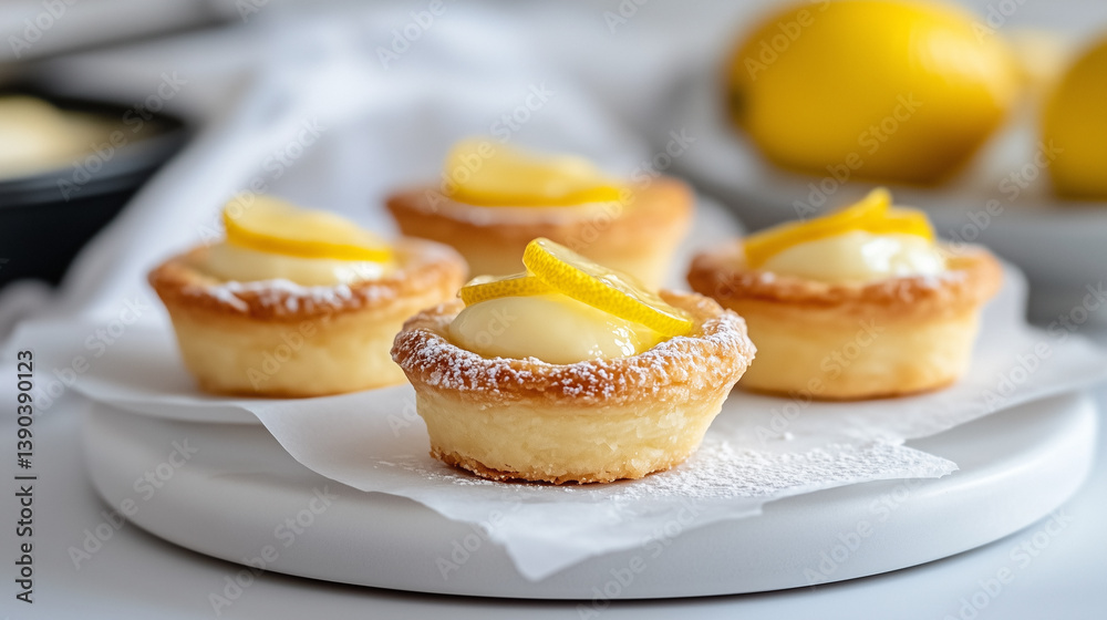 Delicious lemon tartlets with creamy filling and garnished lemon slices on a white plate in a warm kitchen setting Delicious lemon tartlets with creamy filling and garnished lemon slices on a white plate in a warm kitchen setting