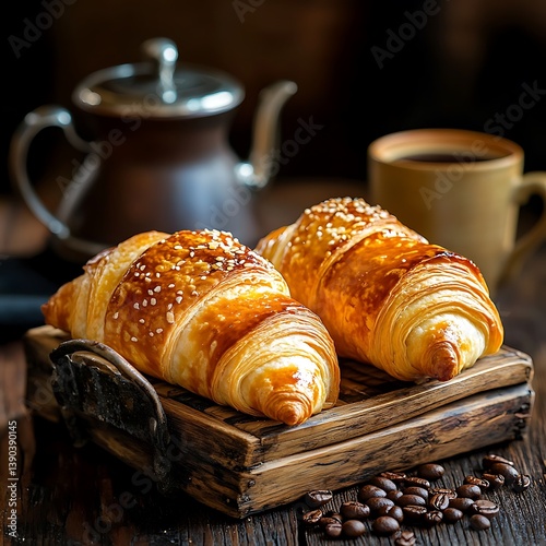 Freshly Baked Croissants with Coffee Beans and Coffee Cup on Wooden Table photo