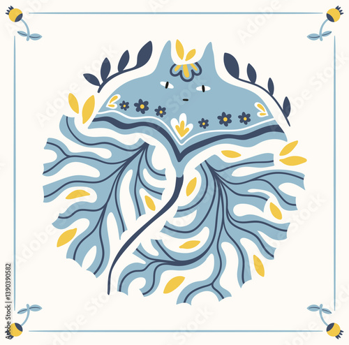 Folk hygge ready to use vector ocean print in Scandinavian style, folkloric isolated design on white. Composition with classic ethnic elements. Scandi folk motifs - sea animals, fishes and flowers