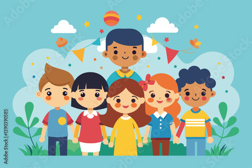 A cartoon illustration of a diverse group of children smiling and standing together in a celebratory setting with colorful decorations and a blue sky.