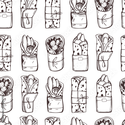 Shawarma, sandwich, gyro, fresh roll of lavash, doner kebab. Tortilla wrap with vegetables. Vector seamless pattern.