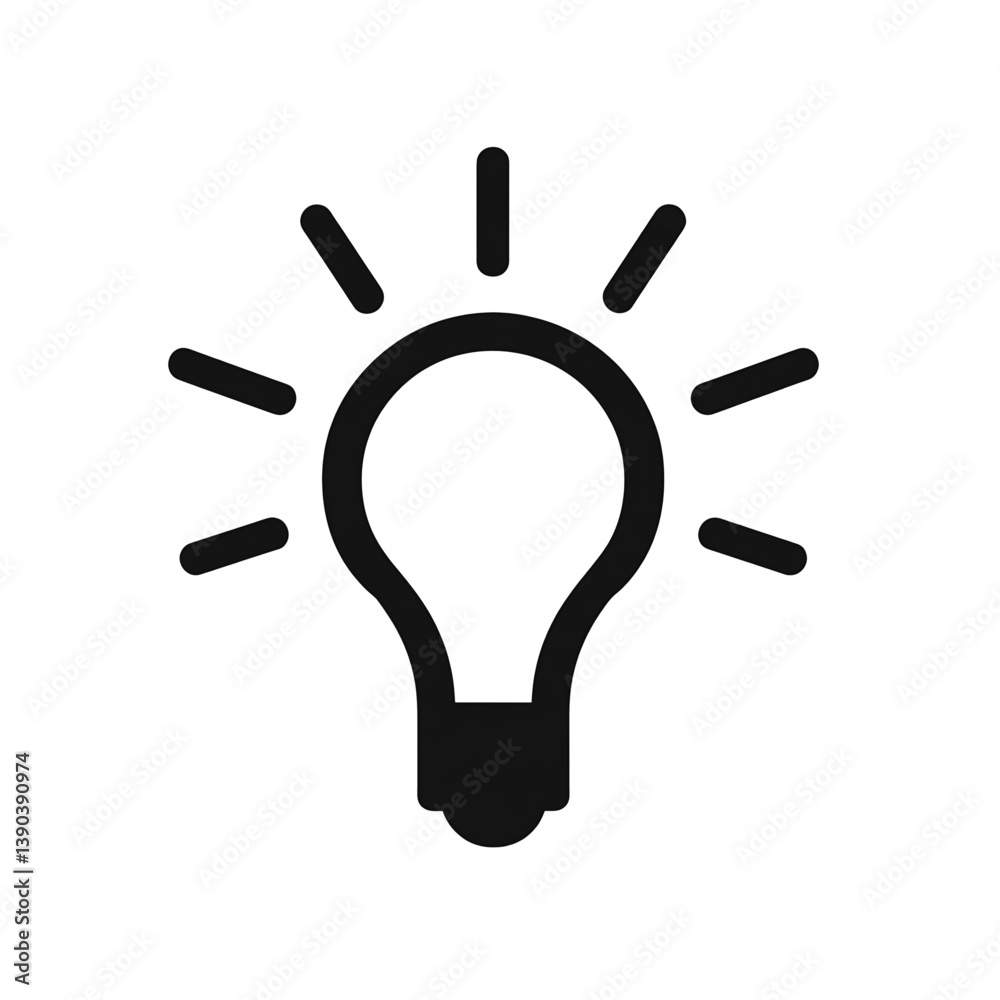 Simple, flat vector icon of an idea lightbulb with rays, on a white background Simple, flat vector icon of an idea lightbulb with rays, on a white background