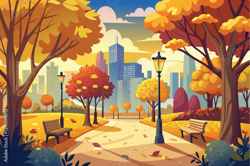 A vibrant digital illustration depicting a park path winding through a lush autumn landscape, with a bustling cityscape backdrop.