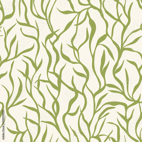 Folk hygge sea seamless pattern, fishes, seaweeds, corals, flowers and leaves scandinavian nordic style, ocean motives on background for wrapping, textile, digital and scrapbook paper