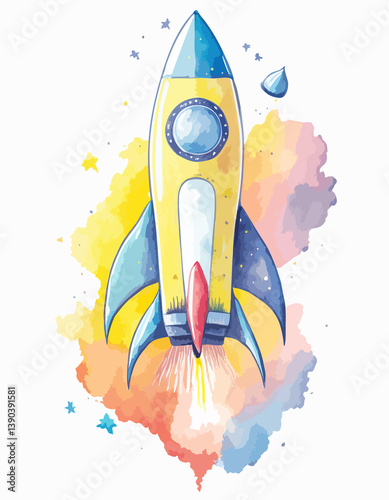 Obraz na płótnie Kolorowa rakieta w stylu akwareli – ilustracja kosmiczna dla dzieci