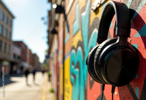 Black headphones hanging on a colorful urban wall in bright sunlight