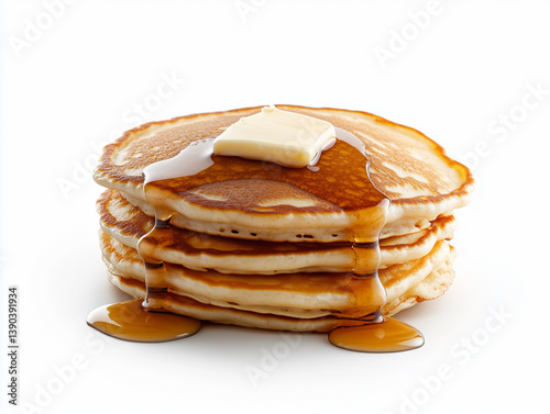 Fluffy pancakes stacked high with melted butter and syrup drizzling down on a plain background