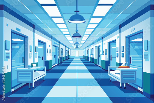 An illustration of a hospital hallway with bright lights and medical equipment.