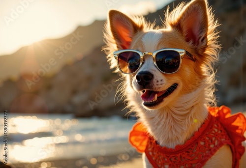 A cheerful dog wearing sunglasses enjoys a sunny day at the beach