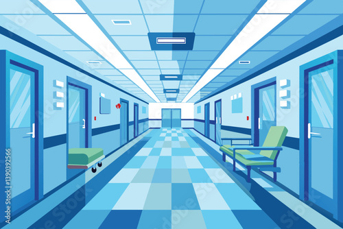 A cartoon depiction of a long, empty hospital corridor with doors leading to different rooms, tiled floor, and chairs in the foreground.